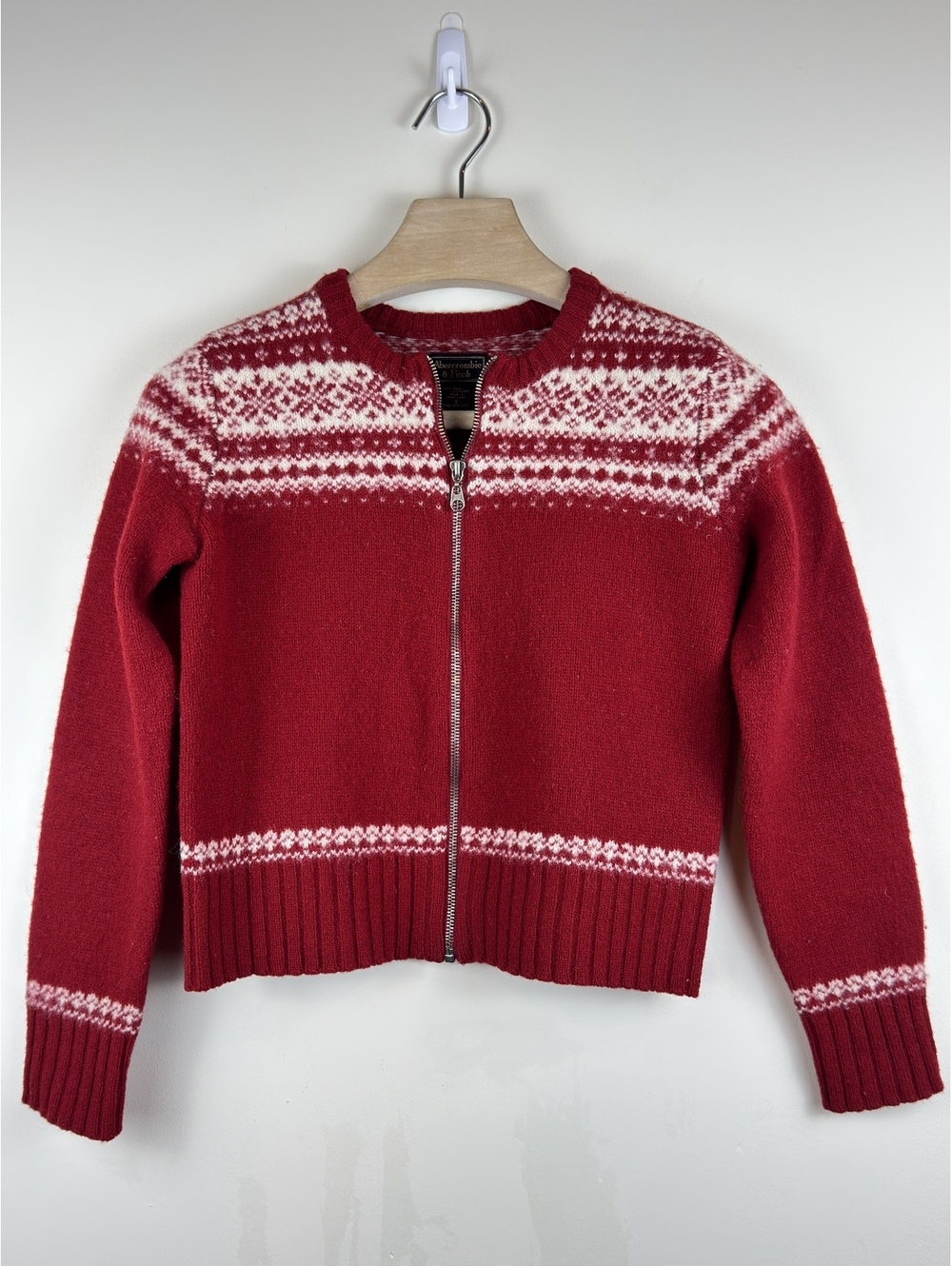 Vintage Abercrombie & Fitch Shetland Wool Fair Isle Zip Cardigan S Red Y2K